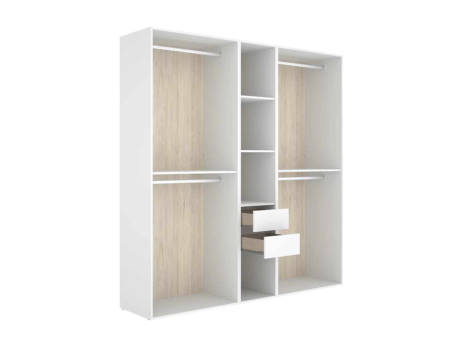 Grand dressing ouvert avec fond réversible – 4 penderies, 2 tiroirs – Blanc / Naturel - Hauteur 204,5 x Longueur 199,5 x Profondeur 45 cm