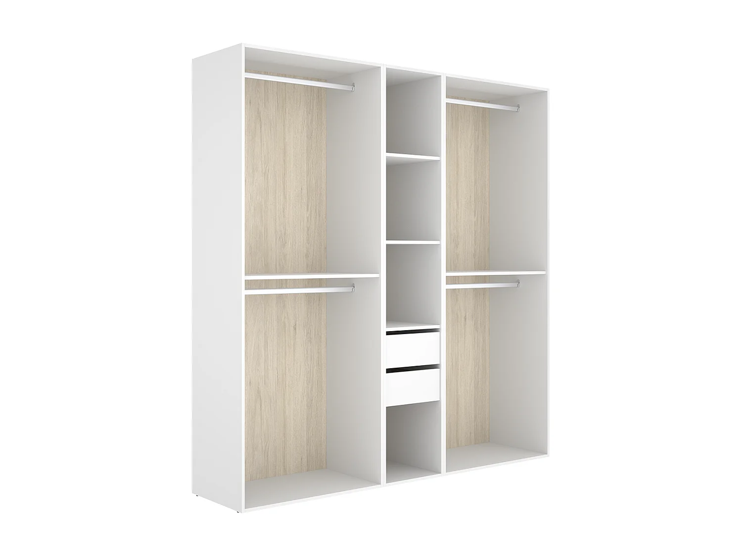 Grand dressing ouvert avec fond réversible – 4 penderies, 2 tiroirs – Blanc / Naturel - Hauteur 204,5 x Longueur 199,5 x Profondeur 45 cm