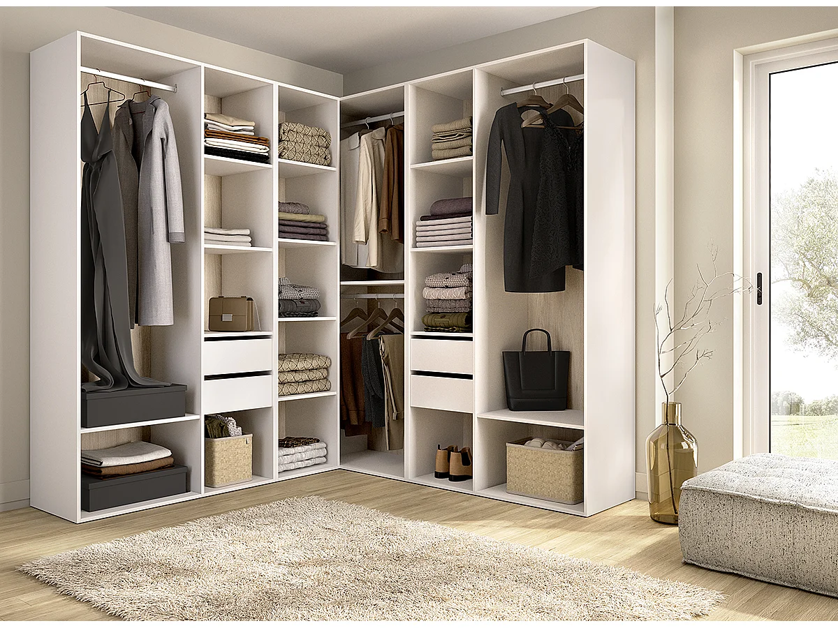 Armoire d’angle dressing ouverte avec 3 penderies, 4 tiroirs et étagères de rangement - Hauteur 204,5 x Longueur 182,4 x Profondeur 186,3 cm