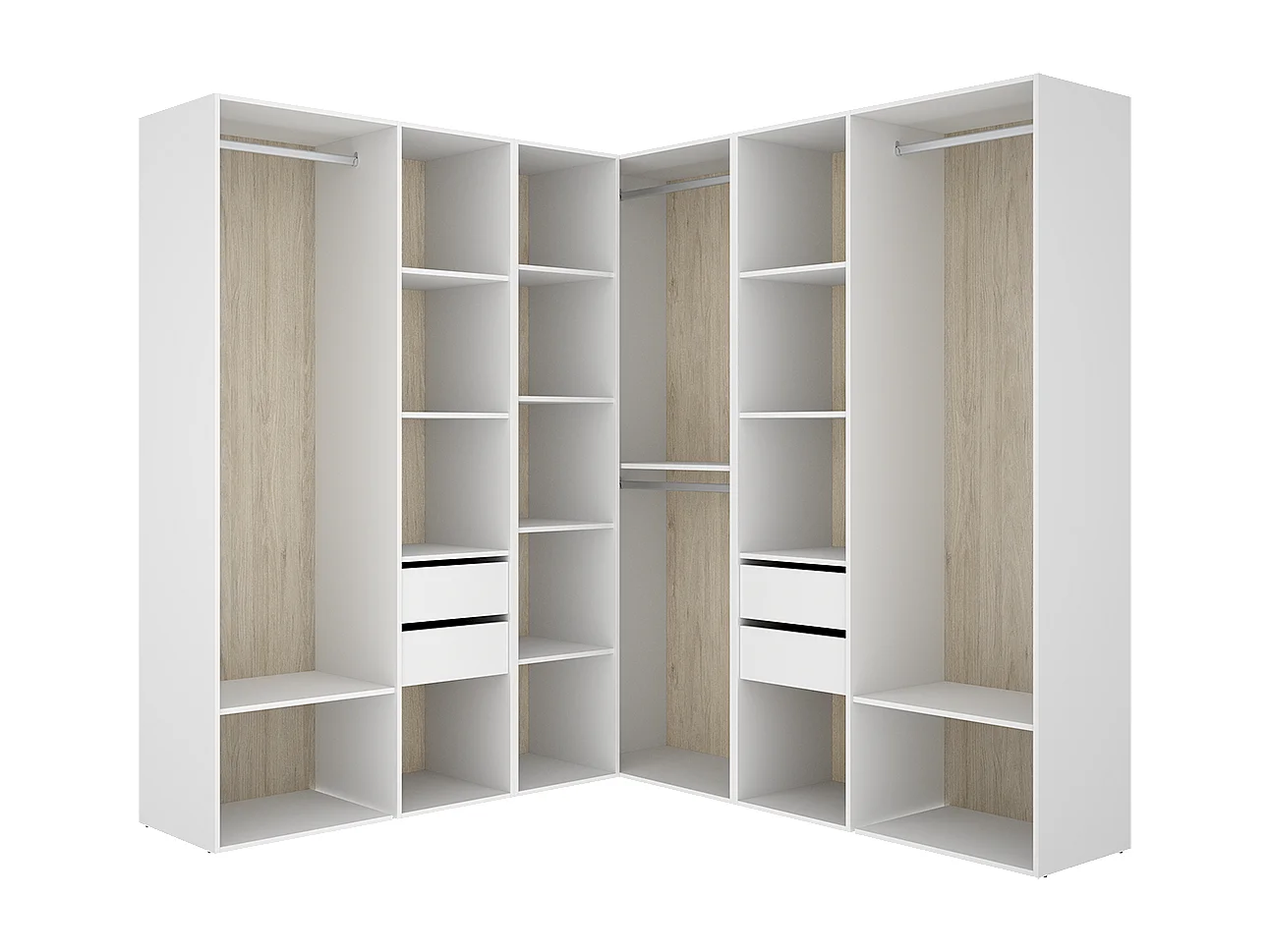 Armoire d’angle dressing ouverte avec 3 penderies, 4 tiroirs et étagères de rangement - Hauteur 204,5 x Longueur 182,4 x Profondeur 186,3 cm