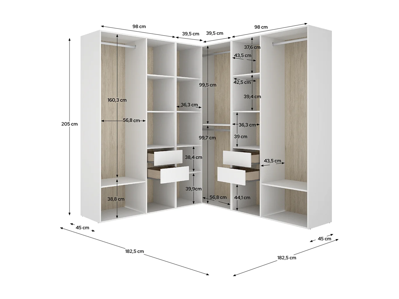 Armoire d’angle dressing ouverte avec 3 penderies, 4 tiroirs et étagères de rangement - Hauteur 204,5 x Longueur 182,4 x Profondeur 186,3 cm