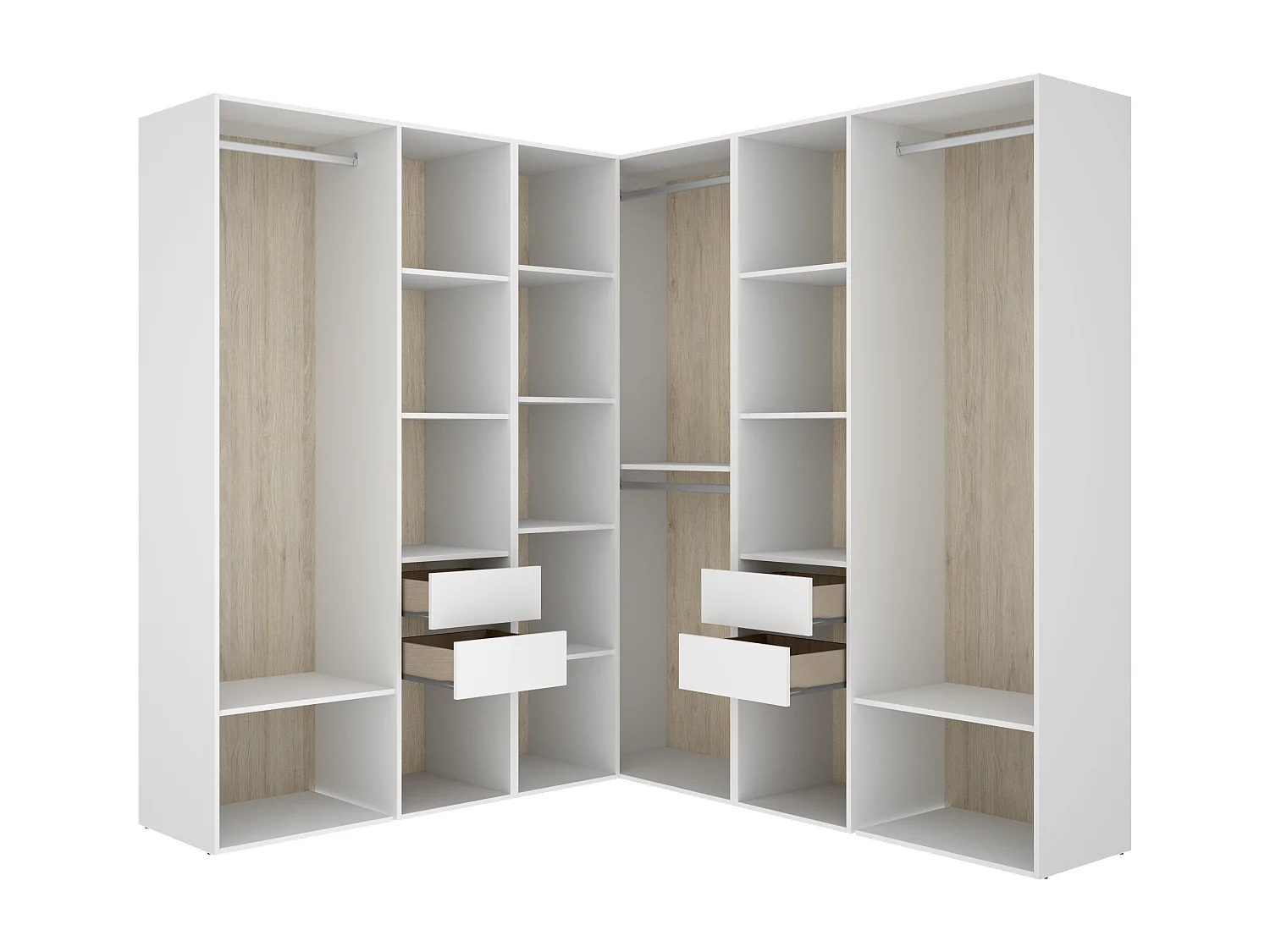 Armoire d’angle dressing ouverte avec 3 penderies, 4 tiroirs et étagères de rangement - Hauteur 204,5 x Longueur 182,4 x Profondeur 186,3 cm