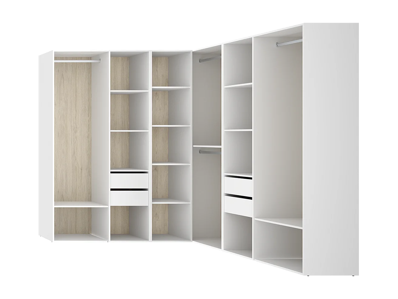 Armoire d’angle dressing ouverte avec 3 penderies, 4 tiroirs et étagères de rangement - Hauteur 204,5 x Longueur 182,4 x Profondeur 186,3 cm