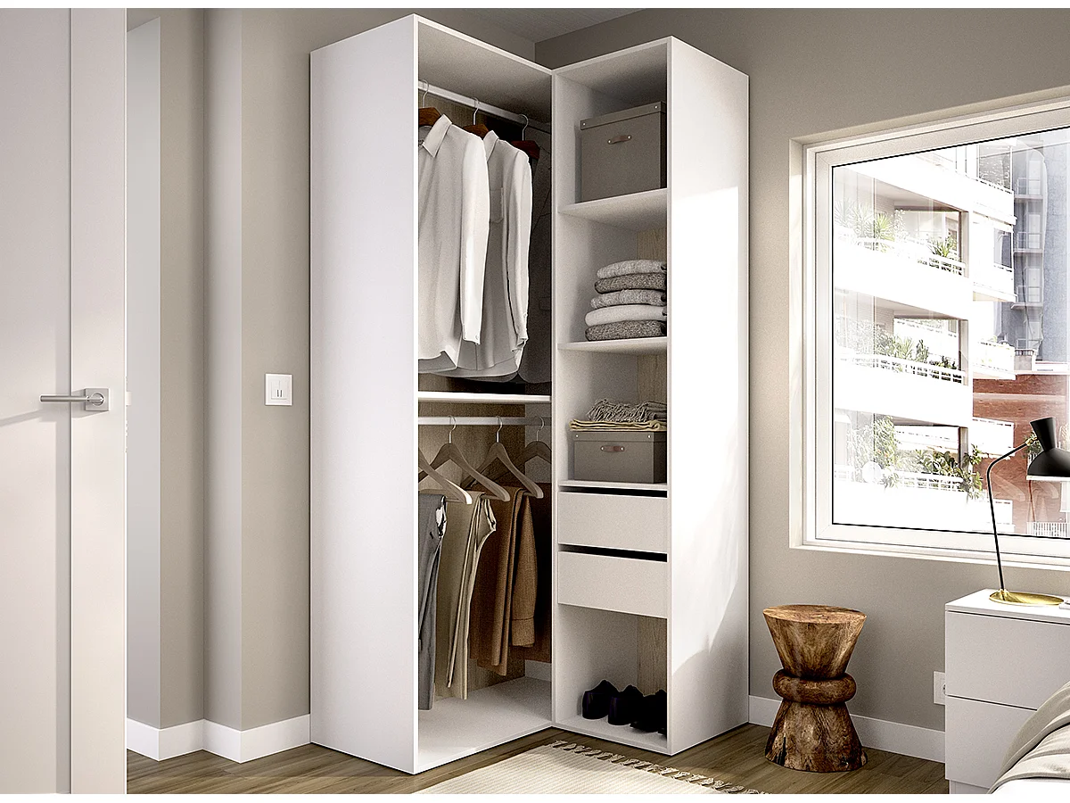 Armoire d'angle dressing ouverte avec penderie de 2 tringles, 4 étagères et 2 tiroirs, coloris blanc/naturel - Hauteur 204,5 x Longueur 84,5 x Profondeur 104,5 cm