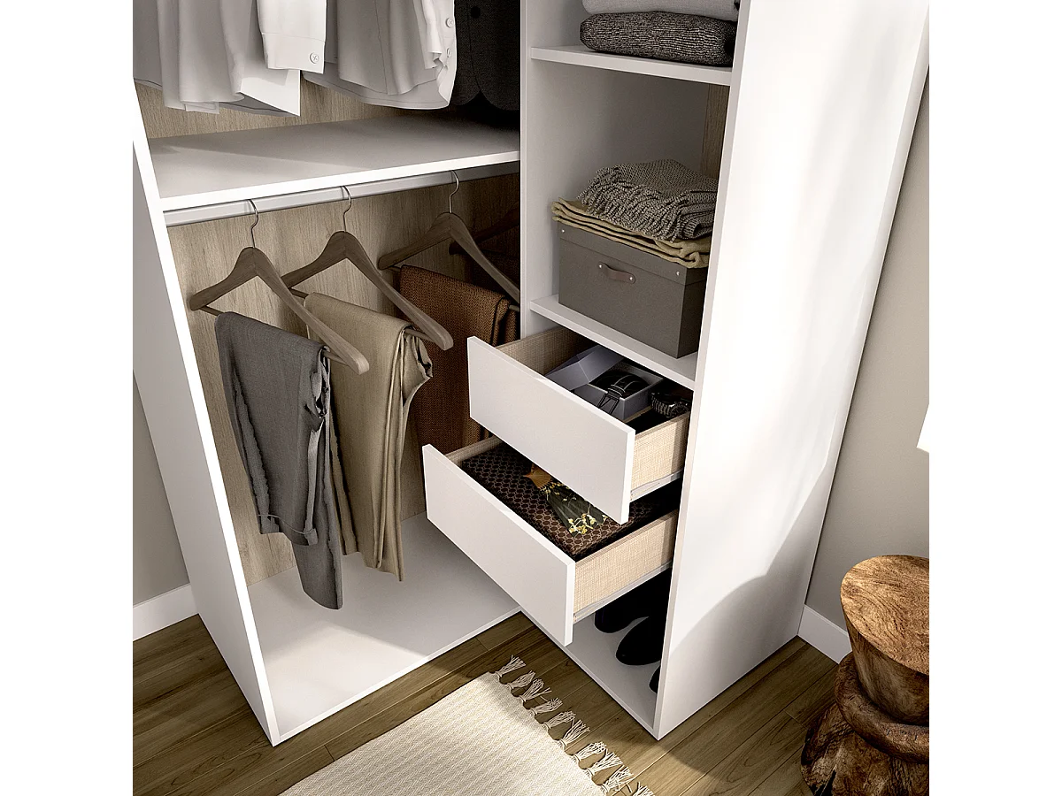 Armoire d'angle dressing ouverte avec penderie de 2 tringles, 4 étagères et 2 tiroirs, coloris blanc/naturel - Hauteur 204,5 x Longueur 84,5 x Profondeur 104,5 cm