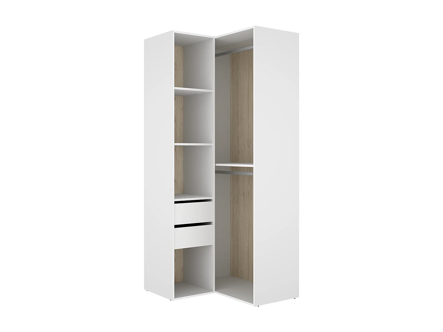 Armoire d'angle dressing ouverte avec penderie de 2 tringles, 4 étagères et 2 tiroirs, coloris blanc/naturel - Hauteur 204,5 x Longueur 84,5 x Profondeur 104,5 cm