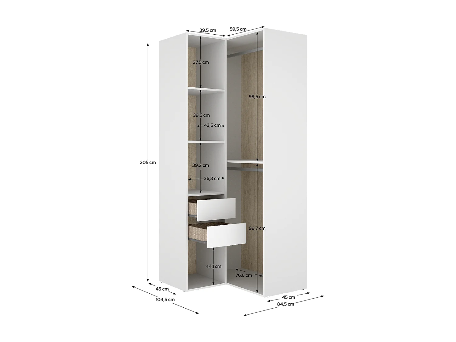 Armoire d'angle dressing ouverte avec penderie de 2 tringles, 4 étagères et 2 tiroirs, coloris blanc/naturel - Hauteur 204,5 x Longueur 84,5 x Profondeur 104,5 cm