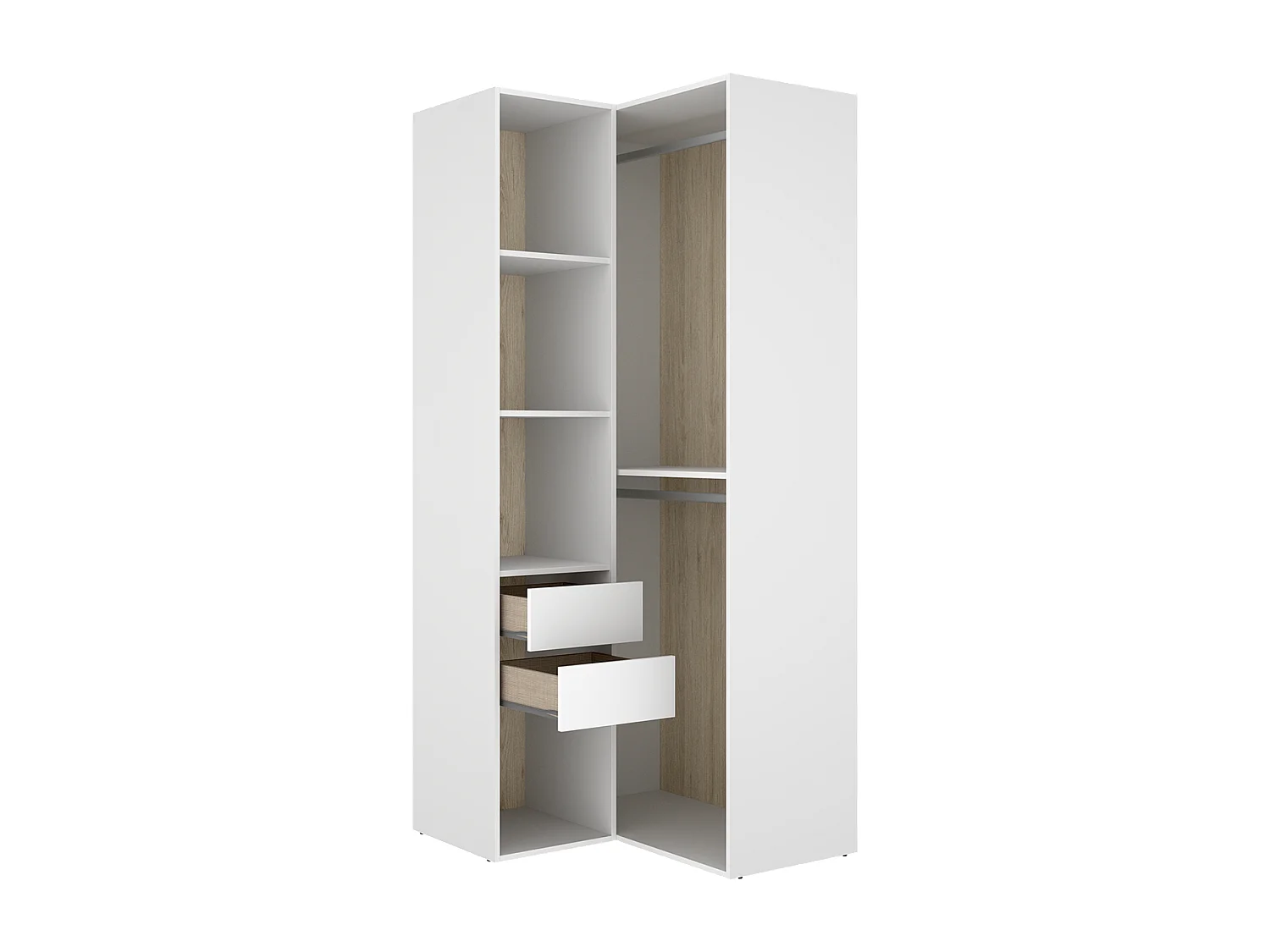 Armoire d'angle dressing ouverte avec penderie de 2 tringles, 4 étagères et 2 tiroirs, coloris blanc/naturel - Hauteur 204,5 x Longueur 84,5 x Profondeur 104,5 cm