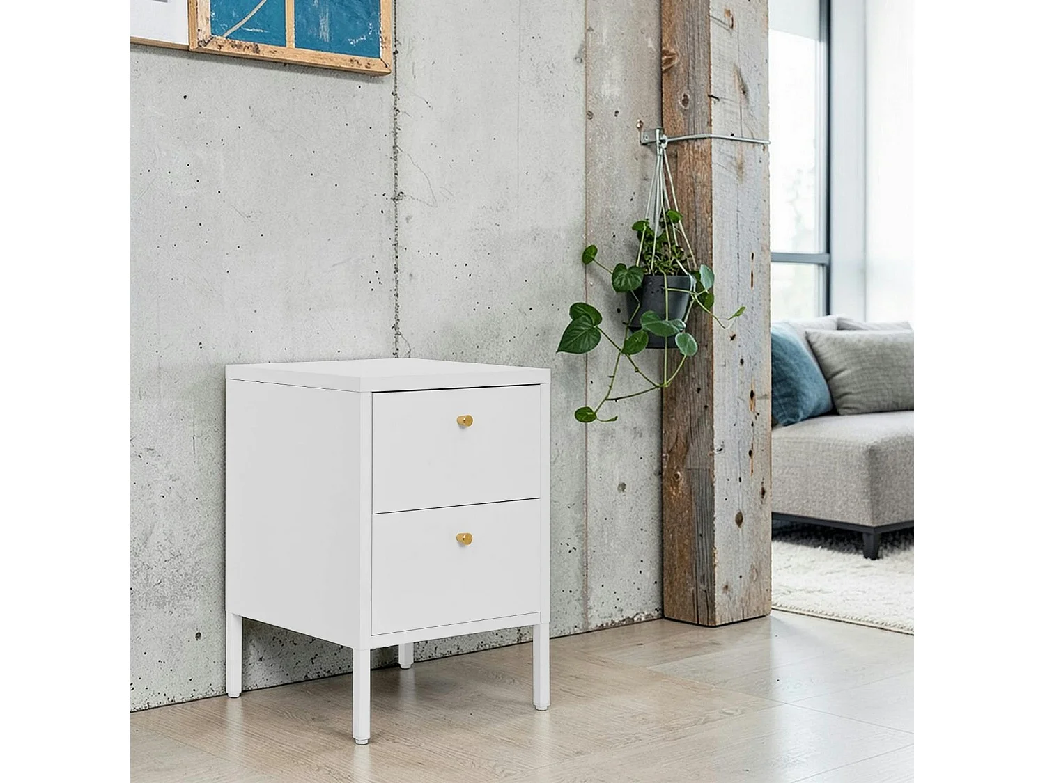 Chevet 2 tiroirs métal blanc poignées dorées ODENSE