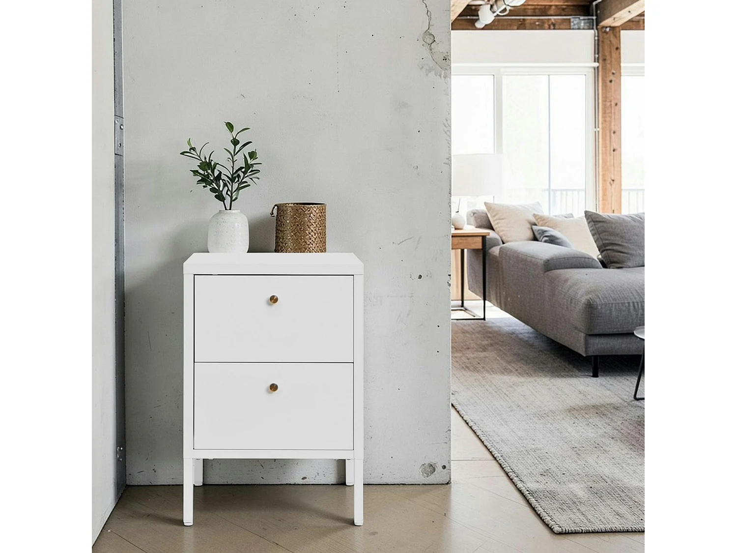 Chevet 2 tiroirs métal blanc poignées dorées ODENSE