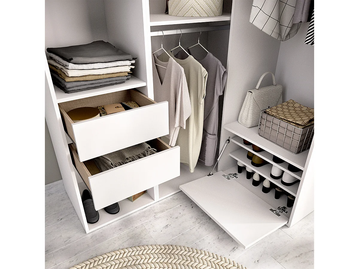 Armoire d'angle dressing ouverte avec 2 penderies avec 2 tringles, 4 étagères, 2 tiroirs et 1 porte chaussures, coloris blanc/naturel
