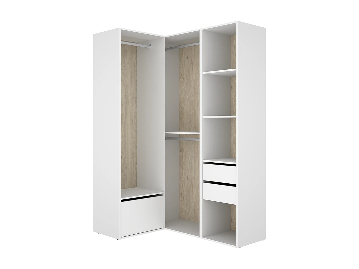 Armoire d'angle dressing ouverte avec 2 penderies avec 2 tringles, 4 étagères, 2 tiroirs et 1 porte chaussures, coloris blanc/naturel