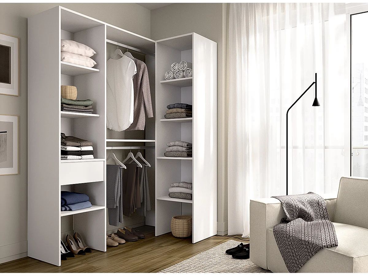 Dressing d'angle ouvert avec penderie à double tringles, 1 tiroir et 8 étagères, coloris blanc - Hauteur 185 x Longueur 126,3 x Profondeur 79,4 cm