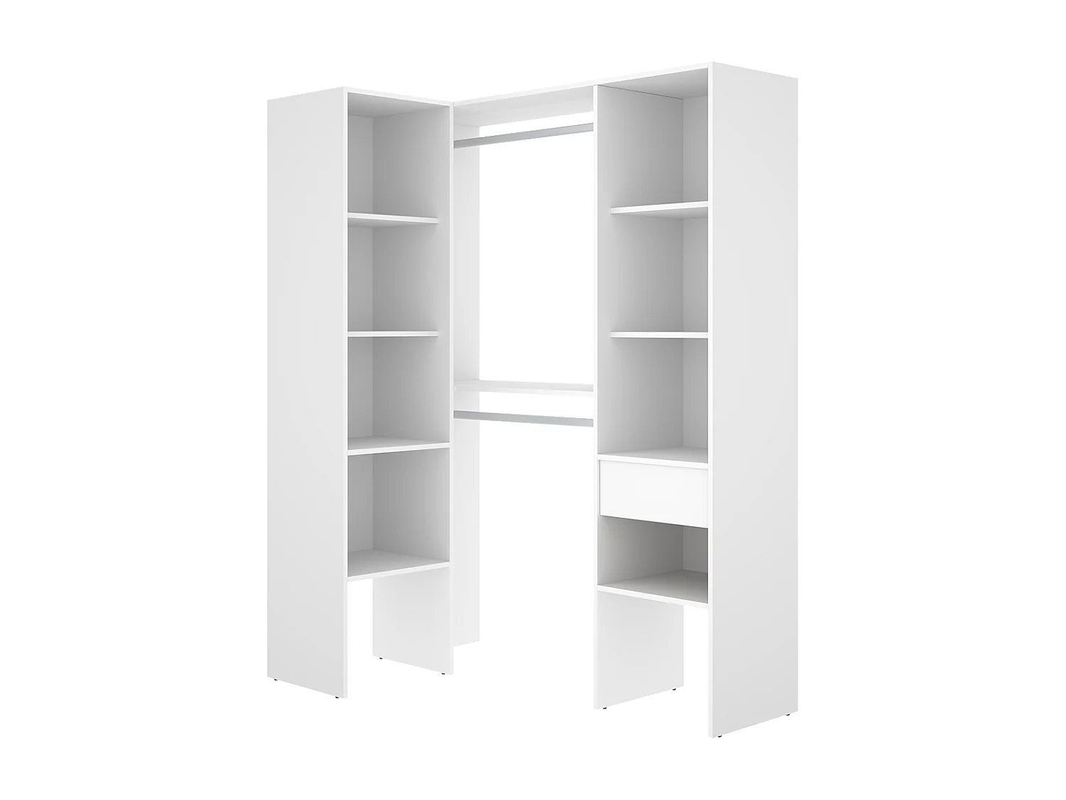 Dressing d'angle ouvert avec penderie à double tringles, 1 tiroir et 8 étagères, coloris blanc - Hauteur 185 x Longueur 126,3 x Profondeur 79,4 cm