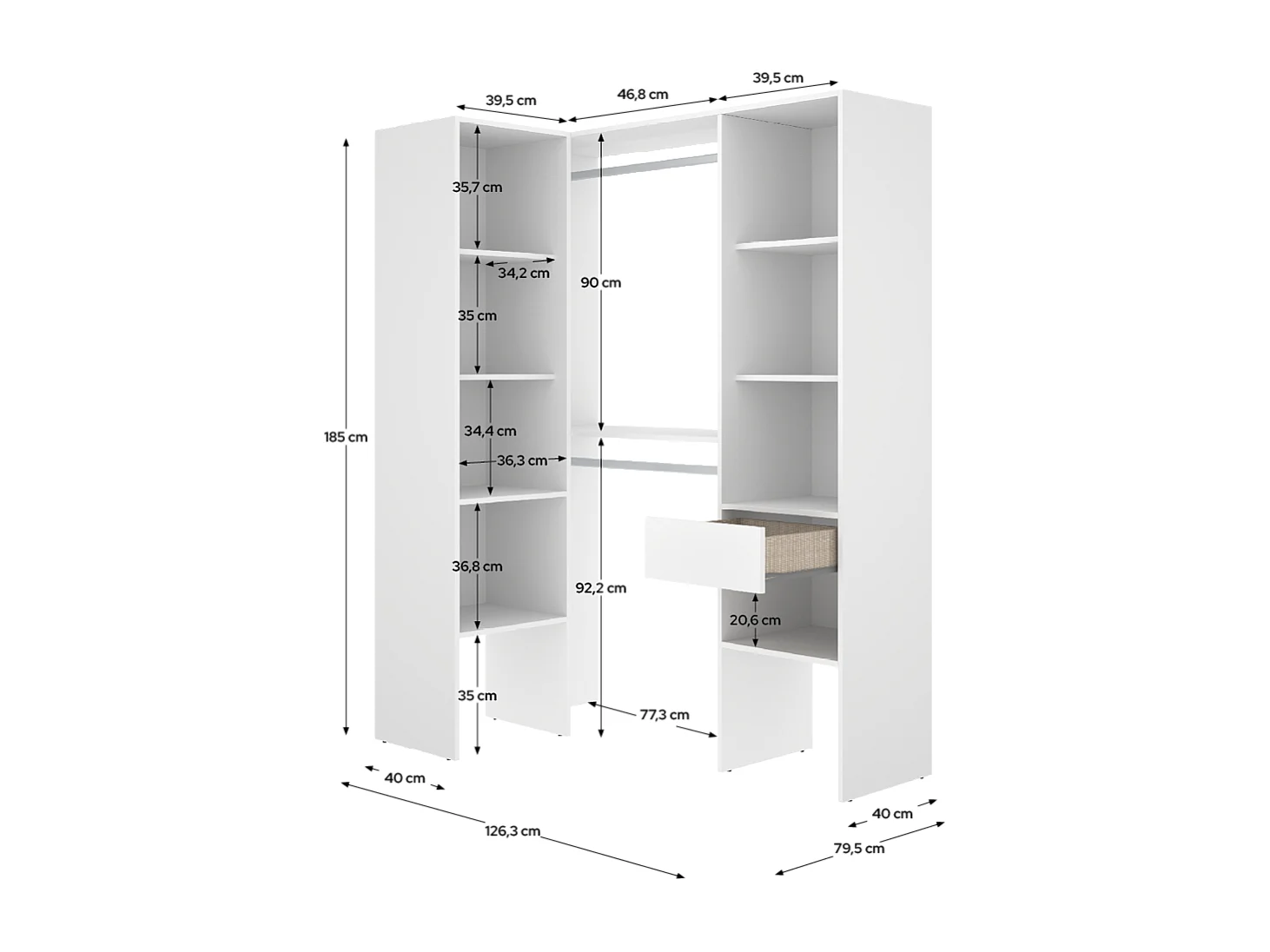 Dressing d'angle ouvert avec penderie à double tringles, 1 tiroir et 8 étagères, coloris blanc - Hauteur 185 x Longueur 126,3 x Profondeur 79,4 cm