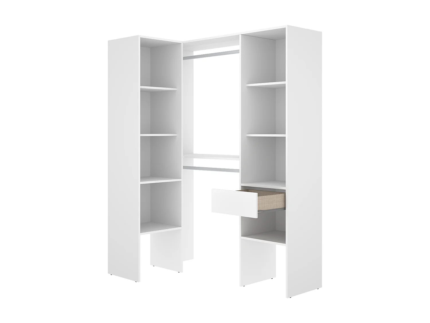 Dressing d'angle ouvert avec penderie à double tringles, 1 tiroir et 8 étagères, coloris blanc - Hauteur 185 x Longueur 126,3 x Profondeur 79,4 cm