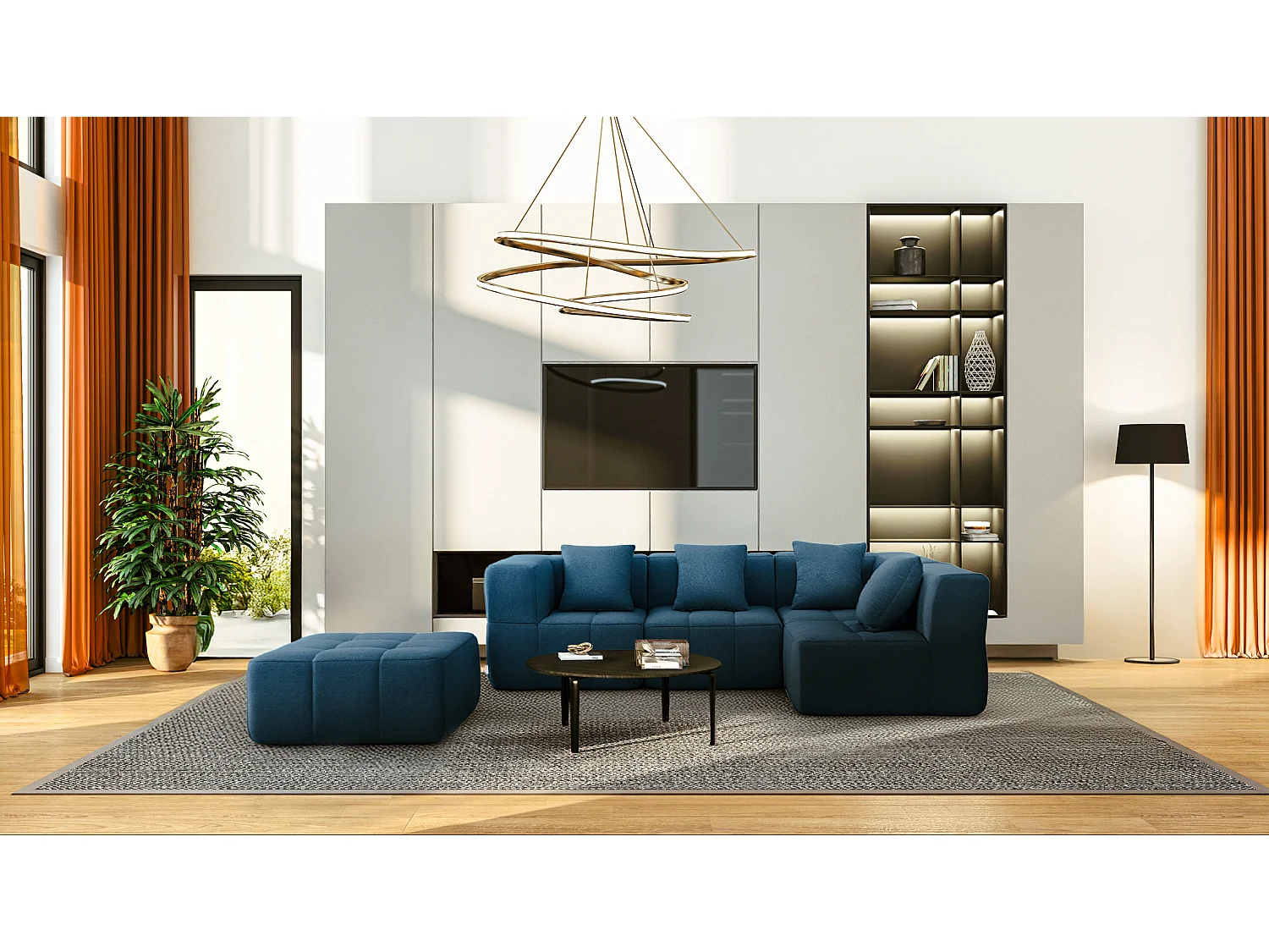 Canapé d'angle modulaire MILYSOFA SOFABULOUS 4 places avec méridienne Tissu fine bouclette Bleu profond