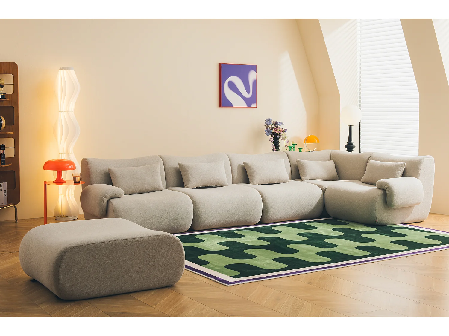 Canapé d'angle modulaire MILYSOFA SOFATIME 5 places avec méridienne Tissu fine bouclette Beige pierre