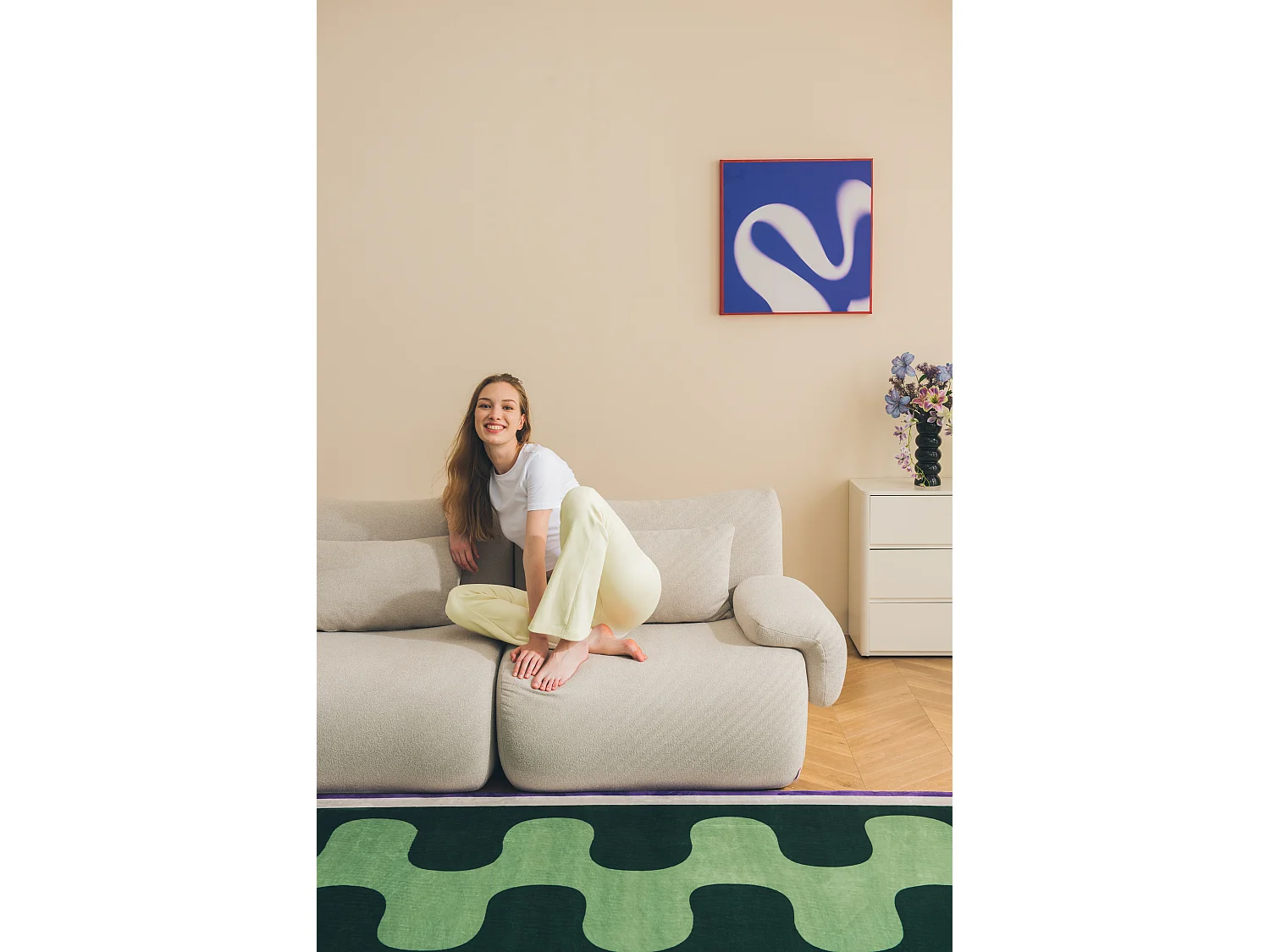 Modulares Ecksofa MILYSOFA SOFATIME 5-Sitzer mit Chaiselongue aus feinem Bouclé-Stoff steinbeige