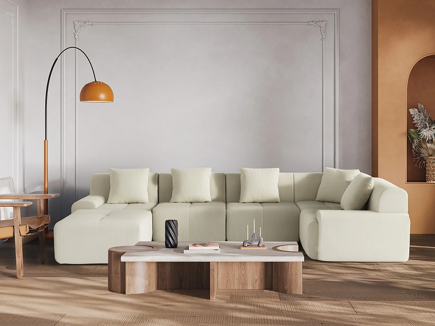 Canapé d'angle modulaire milysofa sofamous 5 places avec méridienne tissu velours côtelé beige clair