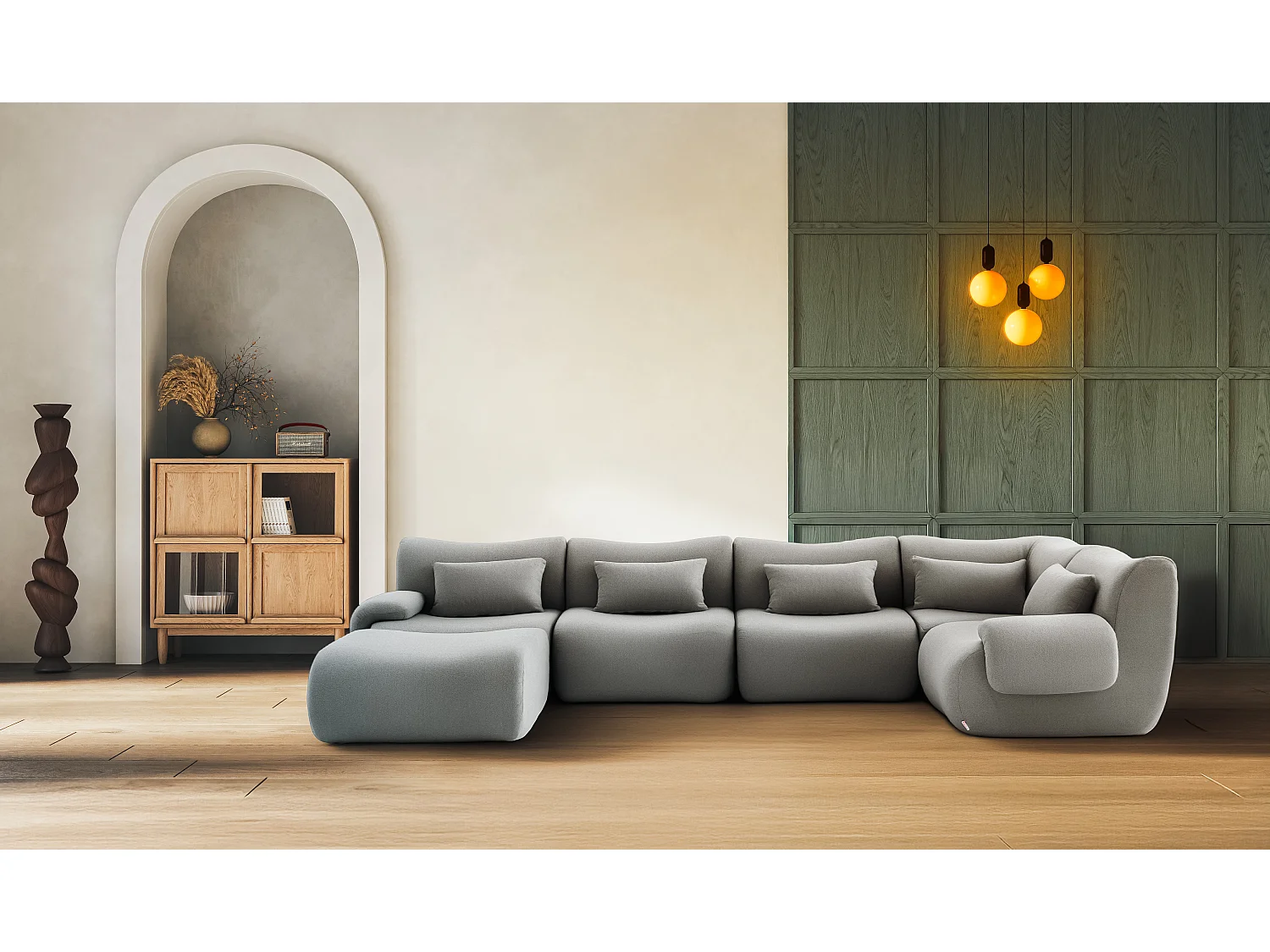 Canapé d'angle modulaire MILYSOFA SOFATIME 5 places avec méridienne Tissu fine bouclette Gris nuage