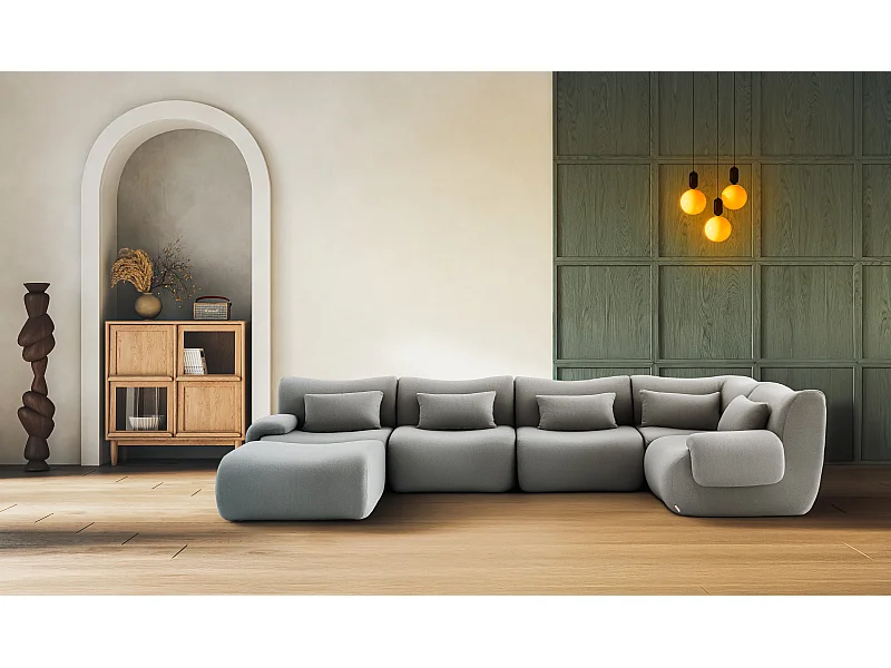 Divano angolare modulare MILYSOFA SOFATIME 5 posti con chaise longue in tessuto bouclé fine grigio nuvola