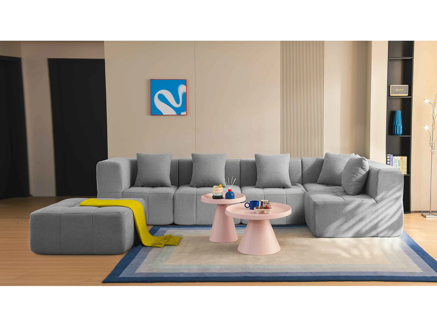 Canapé d'angle modulaire MILYSOFA SOFABULOUS 5 places avec méridienne Tissu fine bouclette Gris nuage