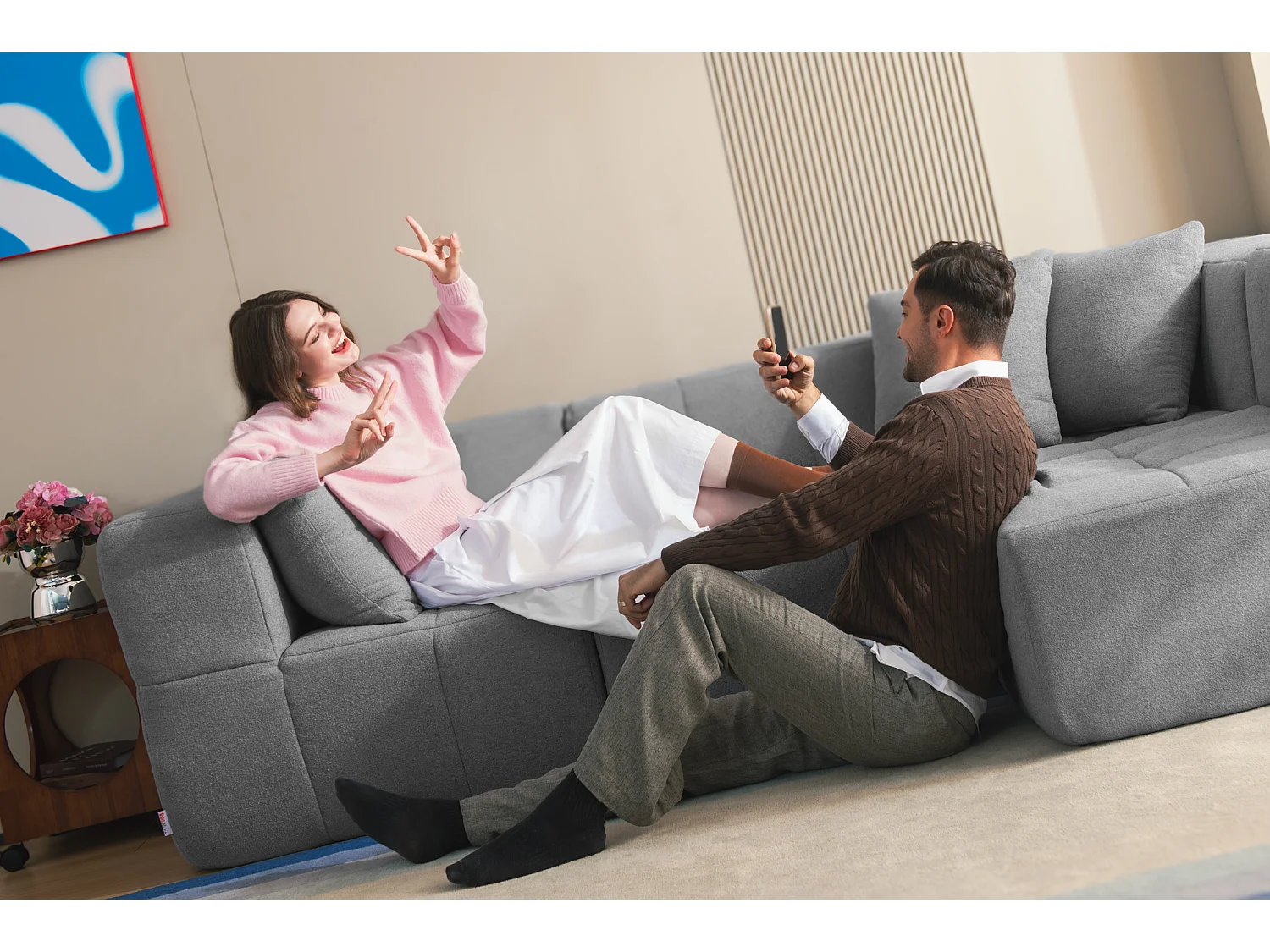 Canapé d'angle modulaire MILYSOFA SOFABULOUS 5 places avec méridienne Tissu fine bouclette Gris nuage