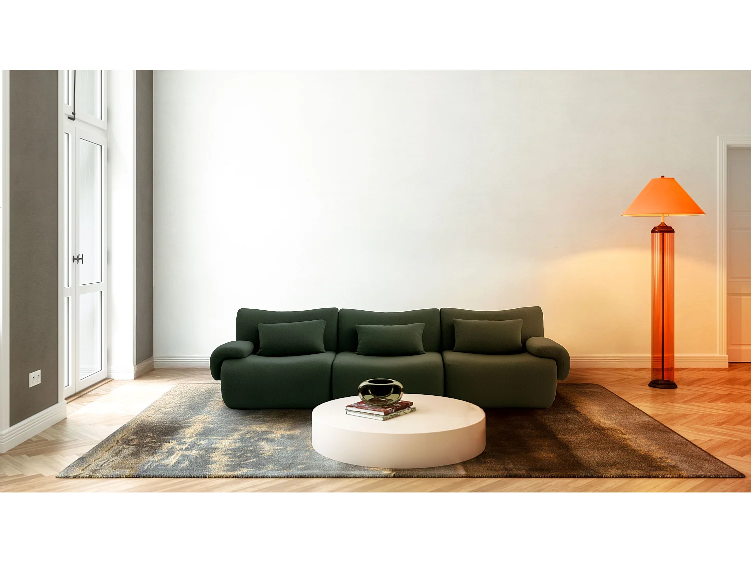 Divano lineare modulare MILYSOFA SOFATIME 3 posti in tessuto bouclé fine verde foresta