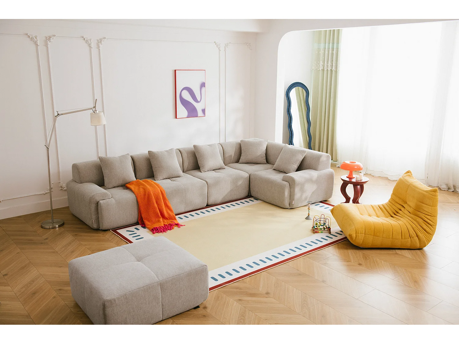 Canapé d'angle modulaire MILYSOFA SOFAMOUS 5 places avec méridienne Tissu chiné Beige sable