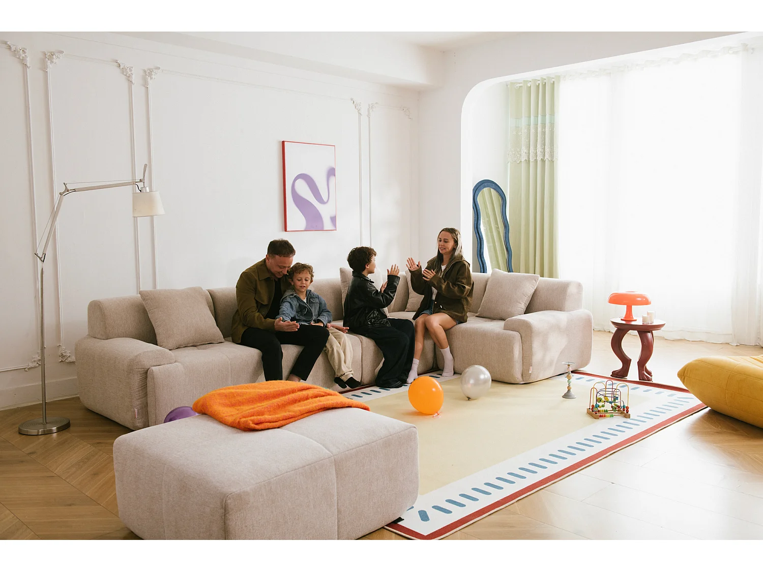 Canapé d'angle modulaire MILYSOFA SOFAMOUS 5 places avec méridienne Tissu chiné Beige sable