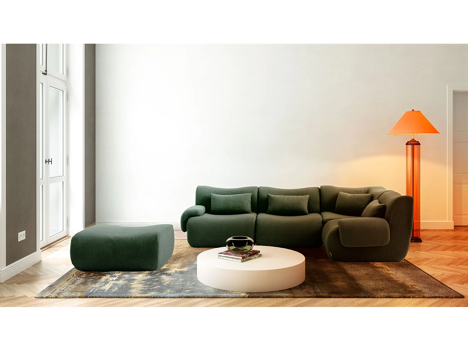 Canapé d'angle modulaire MILYSOFA SOFATIME 4 places avec méridienne Tissu fine bouclette Vert foret