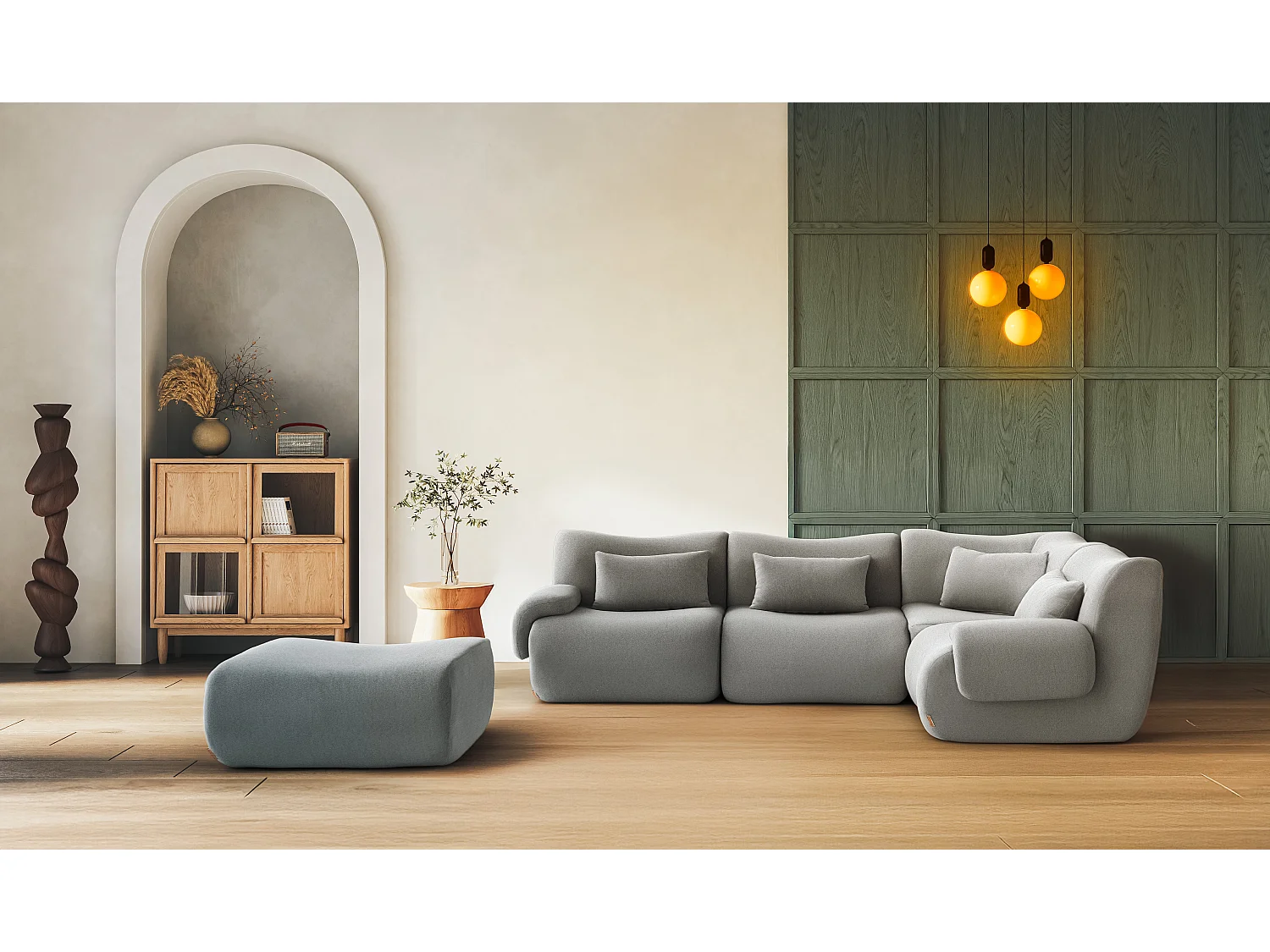 Canapé d'angle modulaire MILYSOFA SOFATIME 4 places avec méridienne Tissu fine bouclette Gris nuage