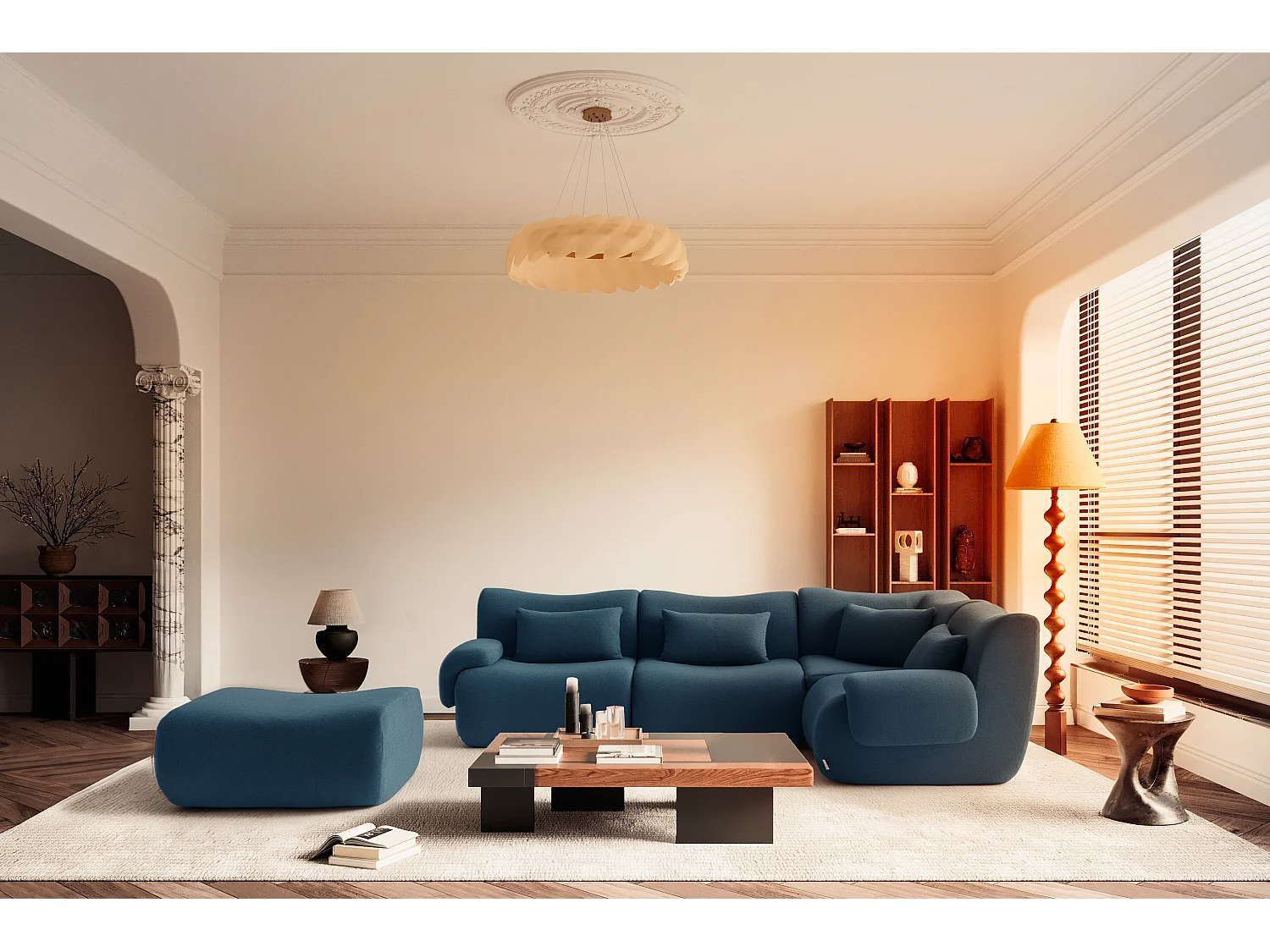 Canapé d'angle modulaire MILYSOFA SOFATIME 4 places avec méridienne Tissu fine bouclette Bleu profond