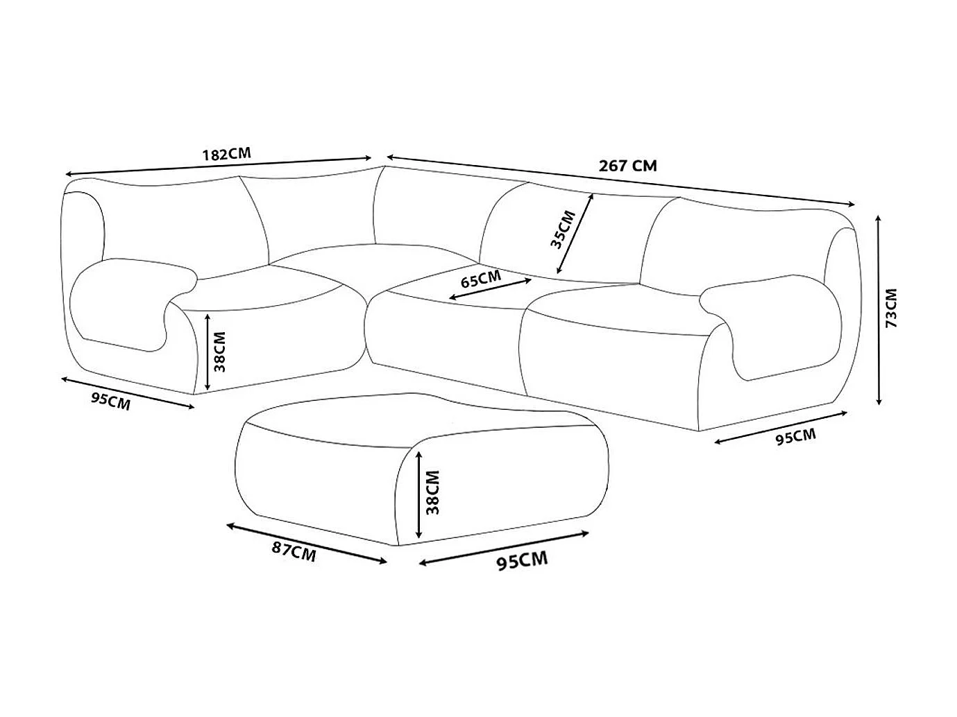 Canapé d'angle modulaire MILYSOFA SOFATIME 4 places avec méridienne Tissu fine bouclette Bleu profond