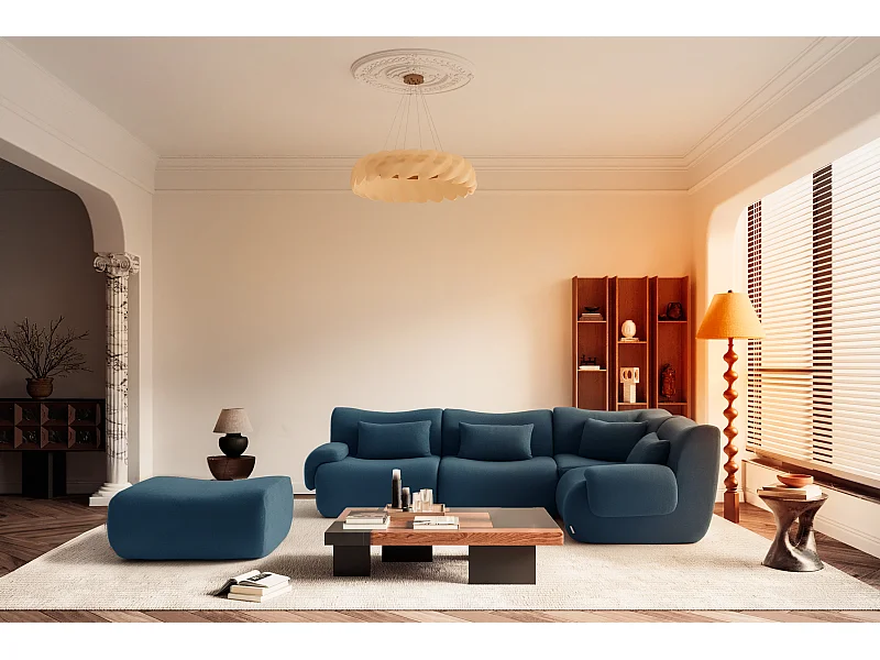 Divano angolare modulare MILYSOFA SOFATIME 4 posti con chaise longue in tessuto bouclé fine blu profondo