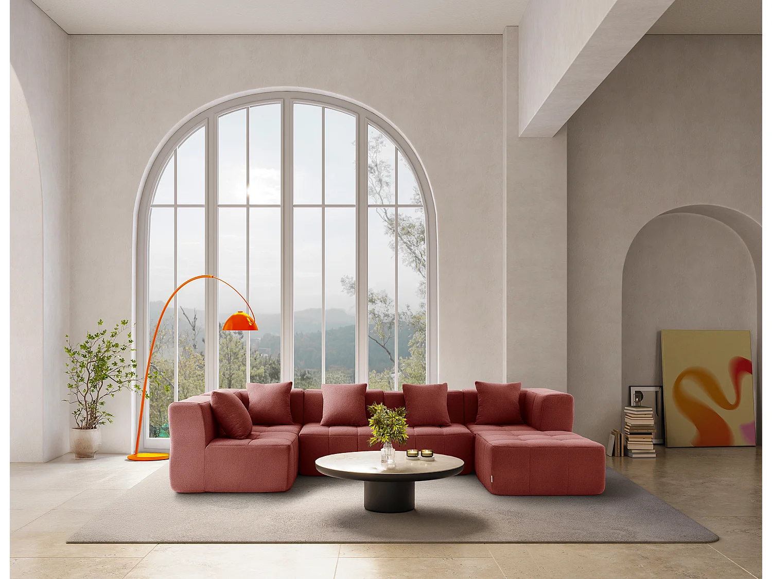 Canapé d'angle modulaire MILYSOFA SOFABULOUS 5 places avec méridienne Tissu fine bouclette Rouge terracotta
