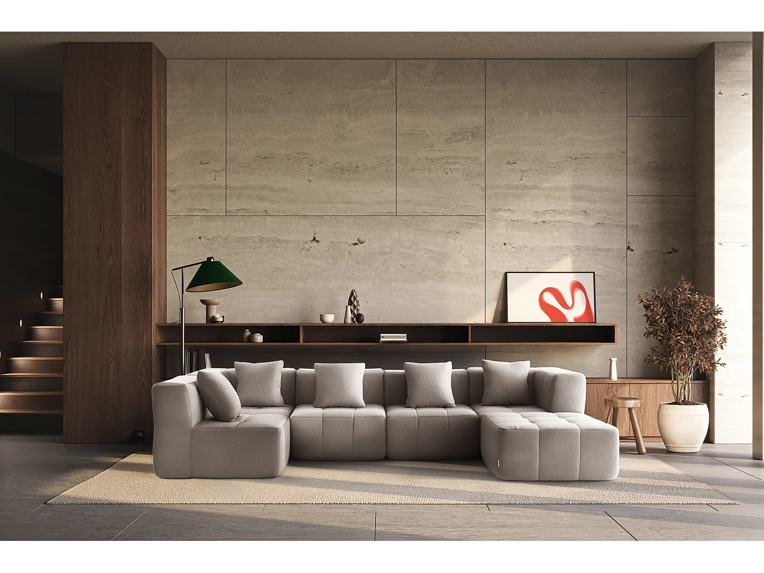 Canapé d'angle modulaire  MILYSOFA SOFABULOUS 5 places avec méridienne Tissu fine bouclette Beige pierre