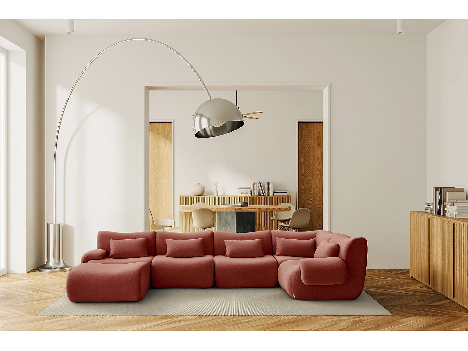 Canapé d'angle modulaire MILYSOFA SOFATIME 5 places avec méridienne Tissu fine bouclette Rouge terracotta
