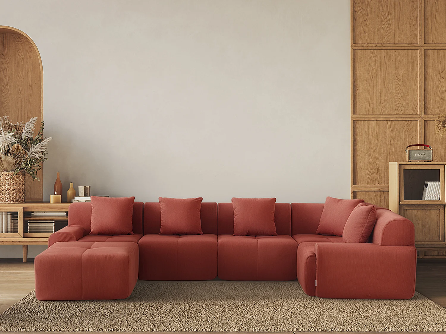 Canapé d'angle modulaire milysofa sofamous 5 places avec méridienne tissu velours côtelé rouge brique