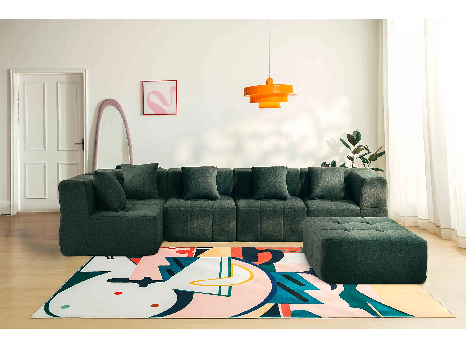 Canapé d'angle modulaire MILYSOFA SOFABULOUS 5 places avec méridienne Tissu fine bouclette Vert foret