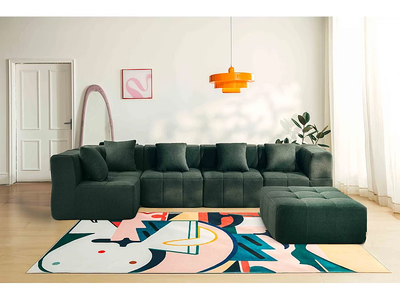 Divano angolare modulare MILYSOFA SOFABULOUS 5 posti con chaise longue in tessuto bouclé fine verde foresta