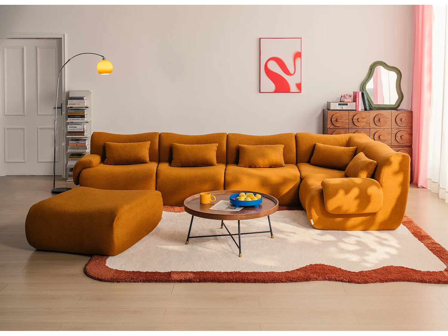 Canapé d'angle modulaire MILYSOFA SOFATIME 5 places avec méridienne Tissu fine bouclette Brun cannelle