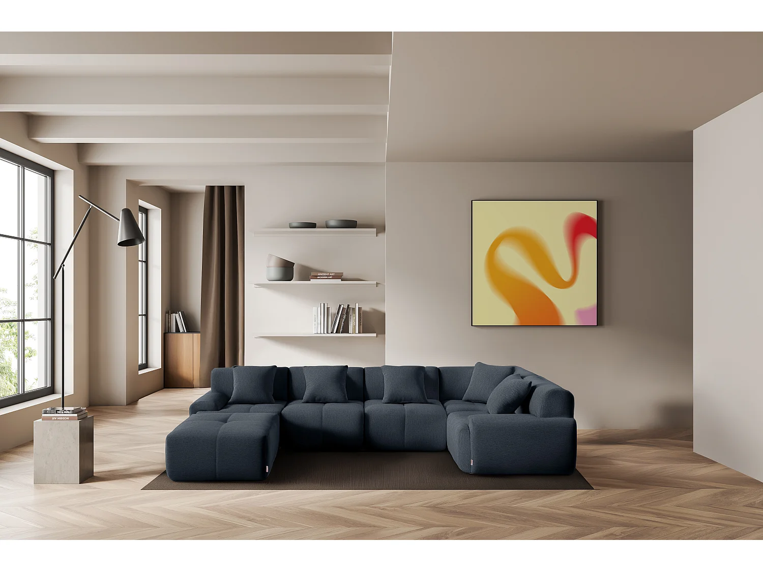 Canapé d'angle modulaire MILYSOFA SOFAMOUS 5 places avec méridienne Tissu chiné Bleu gris