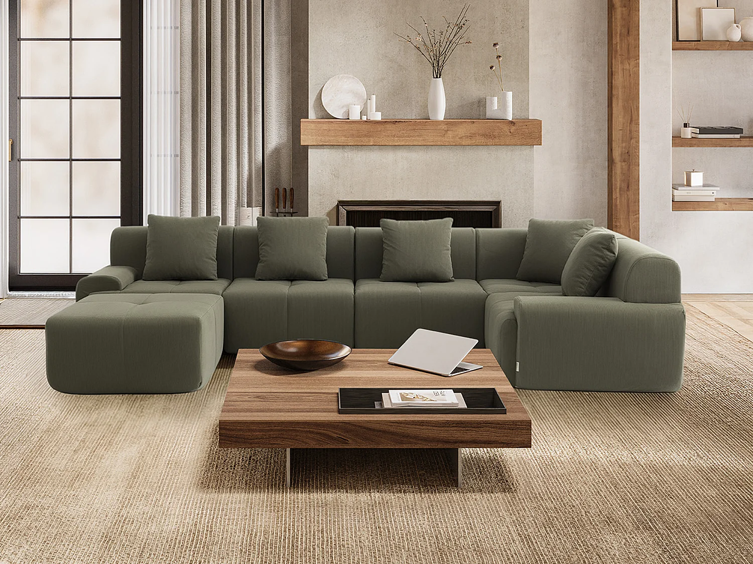Canapé d'angle modulaire milysofa sofamous 5 places avec méridienne tissu velours côtelé vert sauge