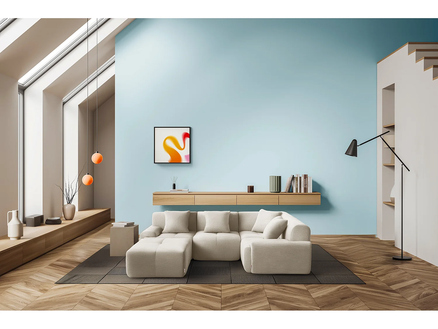 Divano angolare modulare MILYSOFA SOFAMOUS 4 posti con chaise longue in tessuto chenille bianco avorio