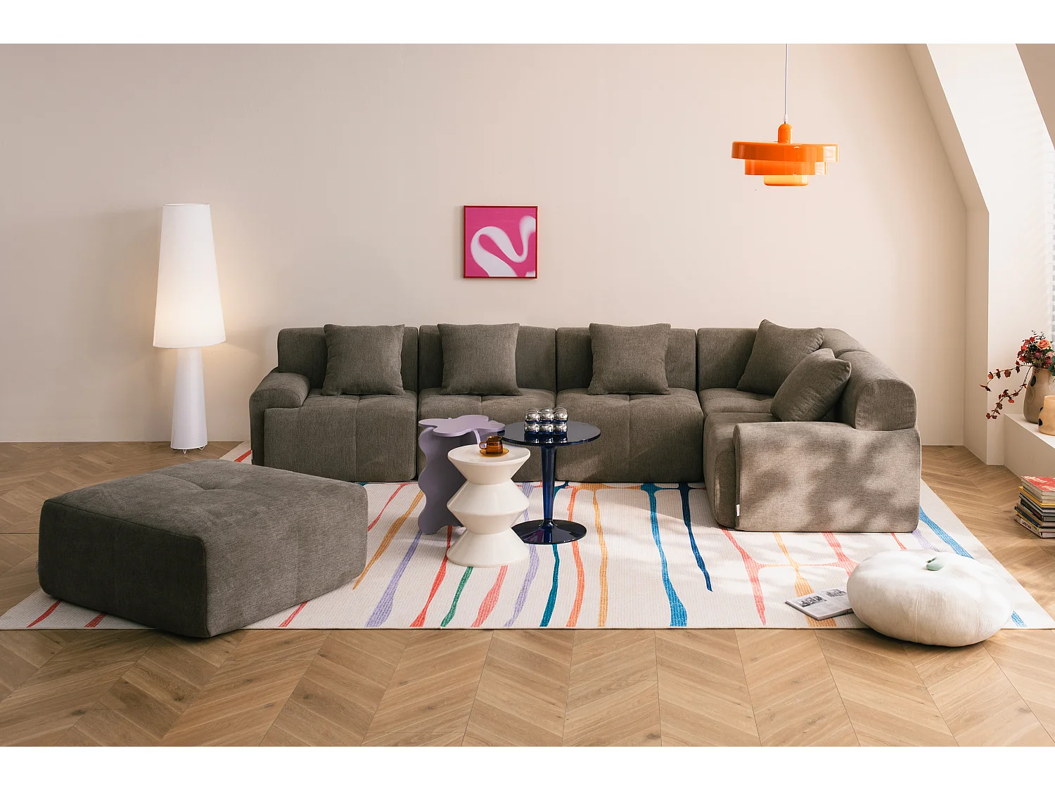 Canapé d'angle modulaire MILYSOFA SOFAMOUS 5 places avec méridienne Tissu chenille Brun cendré