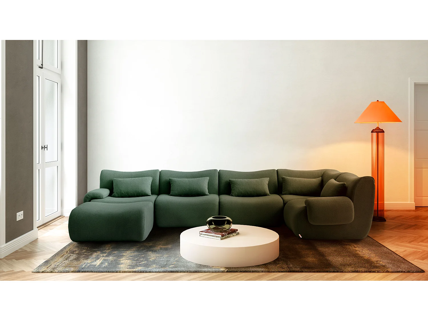 Canapé d'angle modulaire MILYSOFA SOFATIME 5 places avec méridienne Tissu fine bouclette Vert foret
