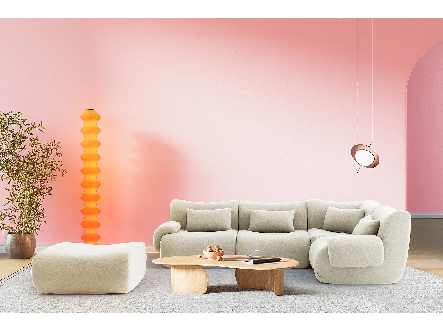 Canapé d'angle modulaire MILYSOFA SOFATIME 4 places avec méridienne Tissu fine bouclette Beige crème