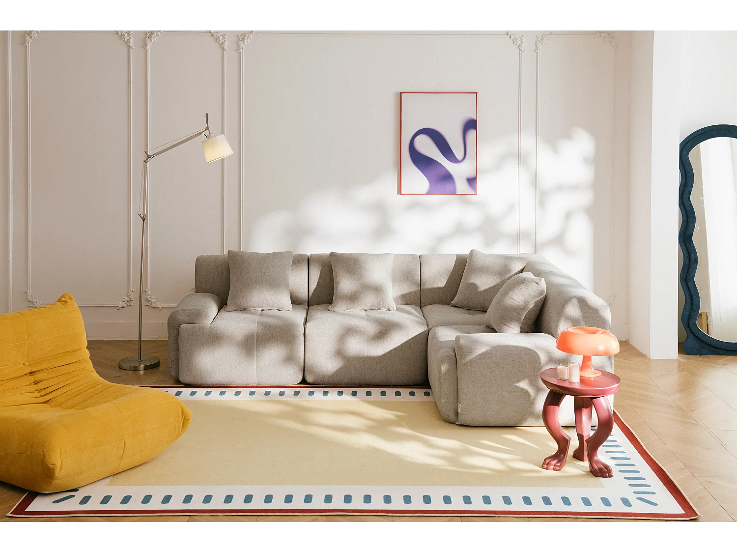 Canapé d'angle modulaire MILYSOFA SOFAMOUS 4 places avec méridienne Tissu chenille Beige sable